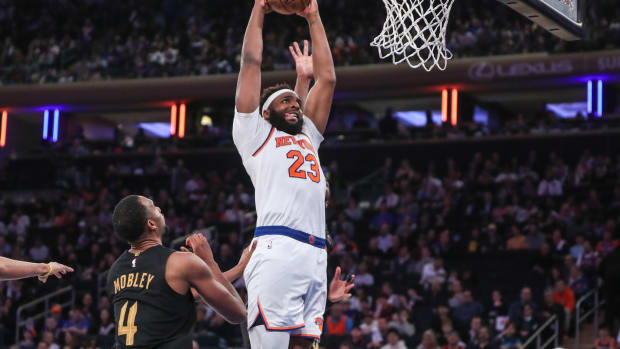 Apr 23, 2023; New York, New York, USA; New York Knicks center Mitchell Robinson (23) dunks during game four of the 2023 NBA playoffs against the Cleveland Cavaliers at Madison Square Garden. Mandatory Credit: Wendell Cruz-USA TODAY Sports